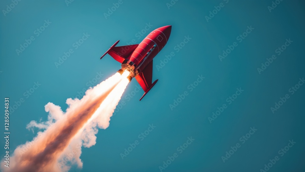 Poster a single red rocket maneuvers in a different direction against a blue sky. emphasizing the importanc