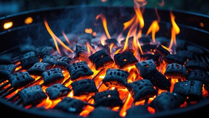 Close-Up of a Barbecue Pit Filled with Smoldering and Fiery Charcoal Briquettes