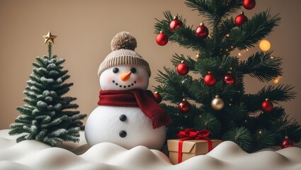 Detailed view of a snowman alongside a Christmas tree on a light background for a holiday card design. Leading edge, continuous pattern.