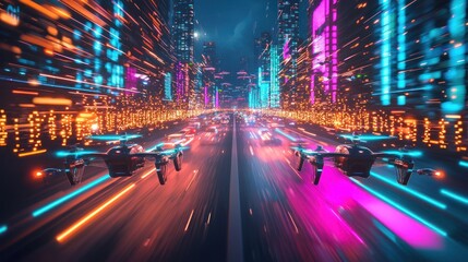 Fototapeta premium Neon Cityscape: Drones in Motion