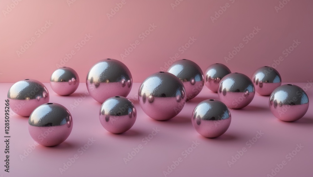 Poster shiny metallic spheres arranged on a soft pink gradient background, featuring an abstract compositio