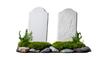 Two weathered gravestones with greenery on transparent background