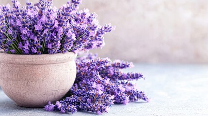 Fototapeta premium Lavender sprigs in a terracotta pot on a textured surface
