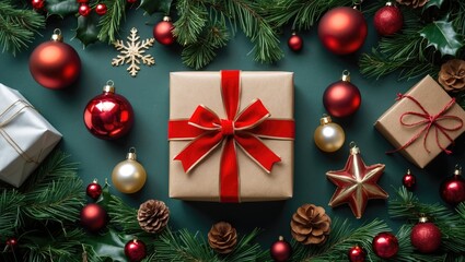 Holiday gift package adorned with ornaments - aerial flat layout