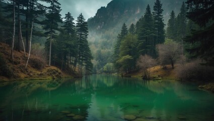 emerald lake surrounded by towering pines in the forest of Villa del Carb&Atilde;&sup3;n, State of Mexico