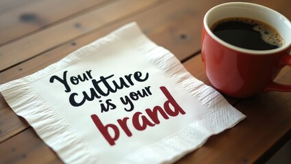 Your identity defines your brand - handwritten message on a napkin alongside a coffee cup