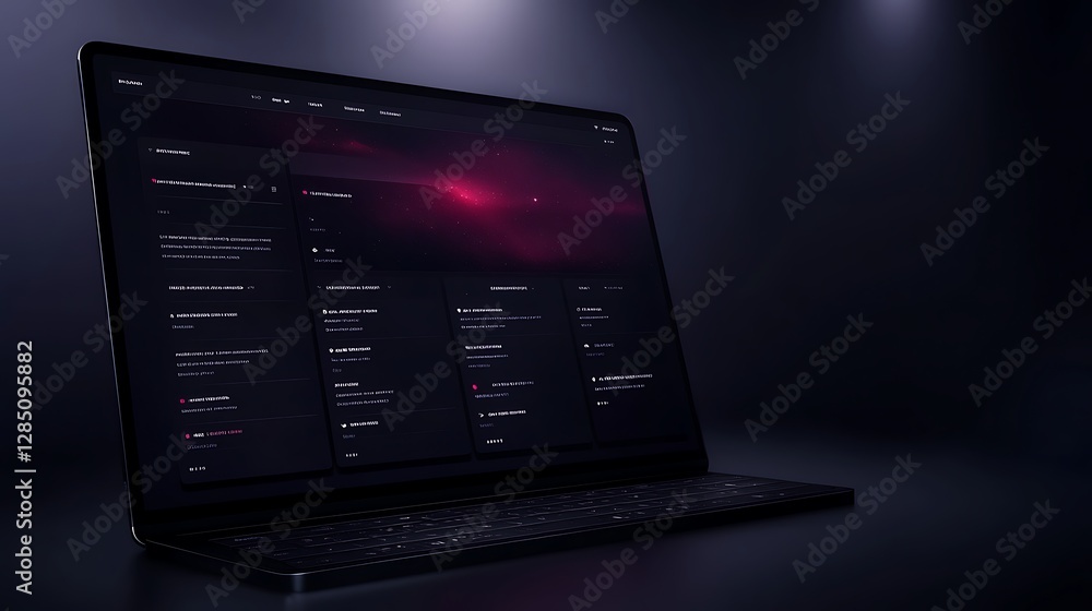 Poster Sleek laptop displaying code in a dark, modern environment with subtle lighting.