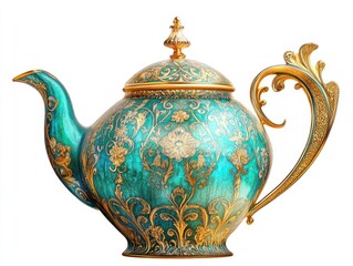 Ornate teal teapot, gold accents, isolated, white background, home decor