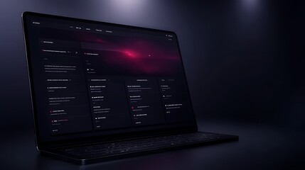 Sleek laptop displaying code in a dark, modern environment with subtle lighting.