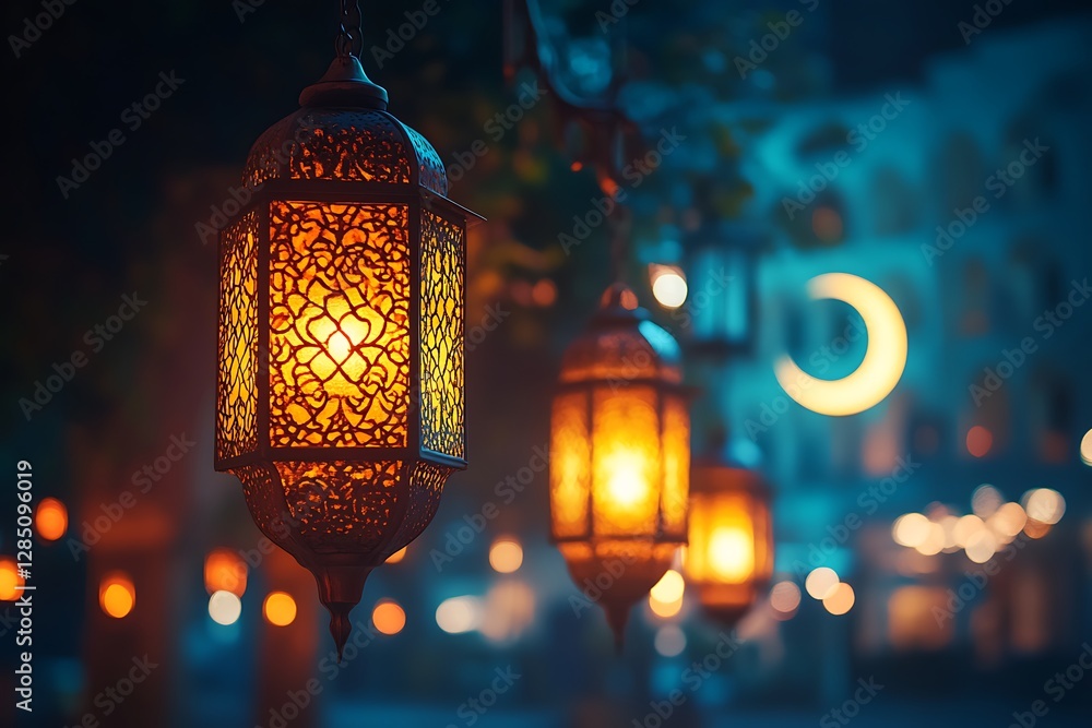 Poster illuminated lanterns hanging from a night setting create a beautiful atmosphere