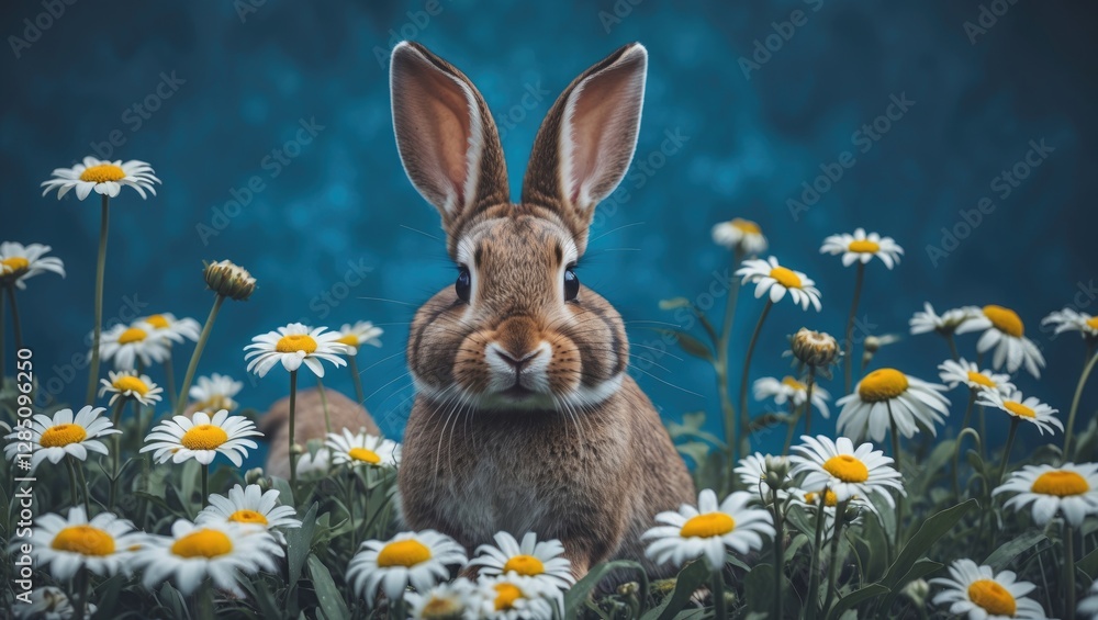 Poster image featuring a blue background with a continuous design of bunny illustrations amidst a field of 