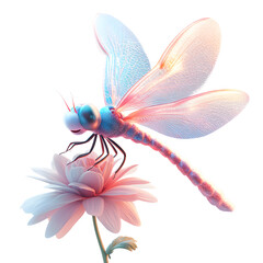 A Fluffy 3D Cartoon Dragonfly Sitting on Top of a Flower Isolated on Transparent Background