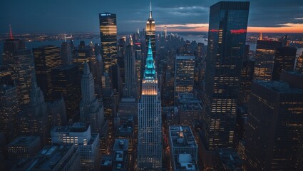 Obraz premium Aerial view showcasing numerous towering skyscrapers in Manhattan, their windows glowing as dusk settles over New York City. Urban nightlife, business centers, and property scene. Buildings in the ...