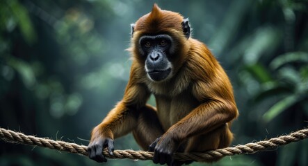 Obraz premium Close-up of a male howler monkey perched on a rope, a tropical primate species indigenous to the Americas.