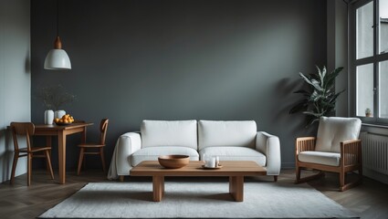 a minimalist living space featuring a cozy white sofa, a wooden dining table against a gray wall, and wooden decor elements.