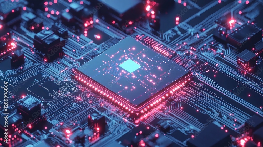 Poster close-up of a modern microchip's intricate design