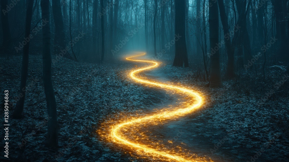 Poster enchanted forest path with glowing light trails in mysterious twilight setting