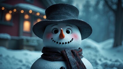A snowman wearing a hat from a festive animated scene