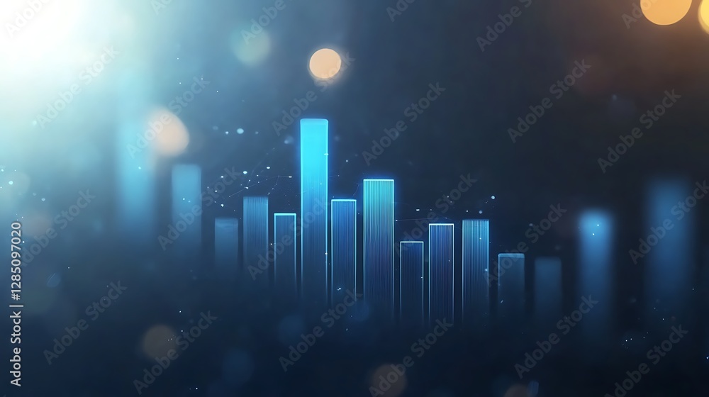 Poster Abstract digital visualization of blue bars representing data or sound waves with a blurred background.