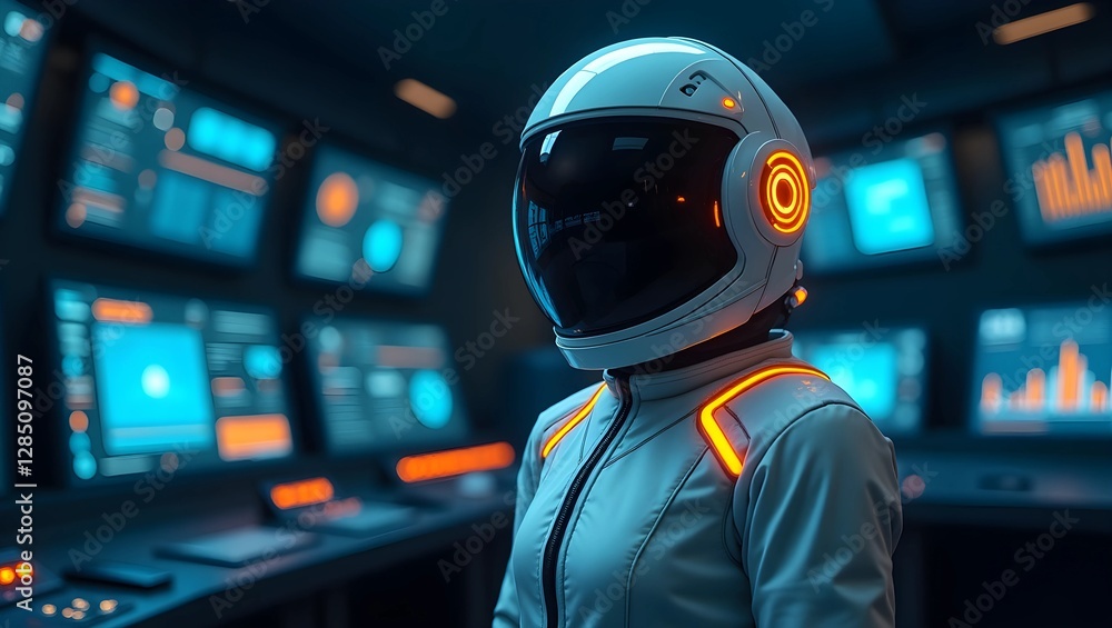 Poster cosmic innovation: high-tech astronaut analyzing data in a cutting-edge lab