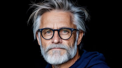 Portrait of a Mature Man with Glasses and Silver Hair Against Black