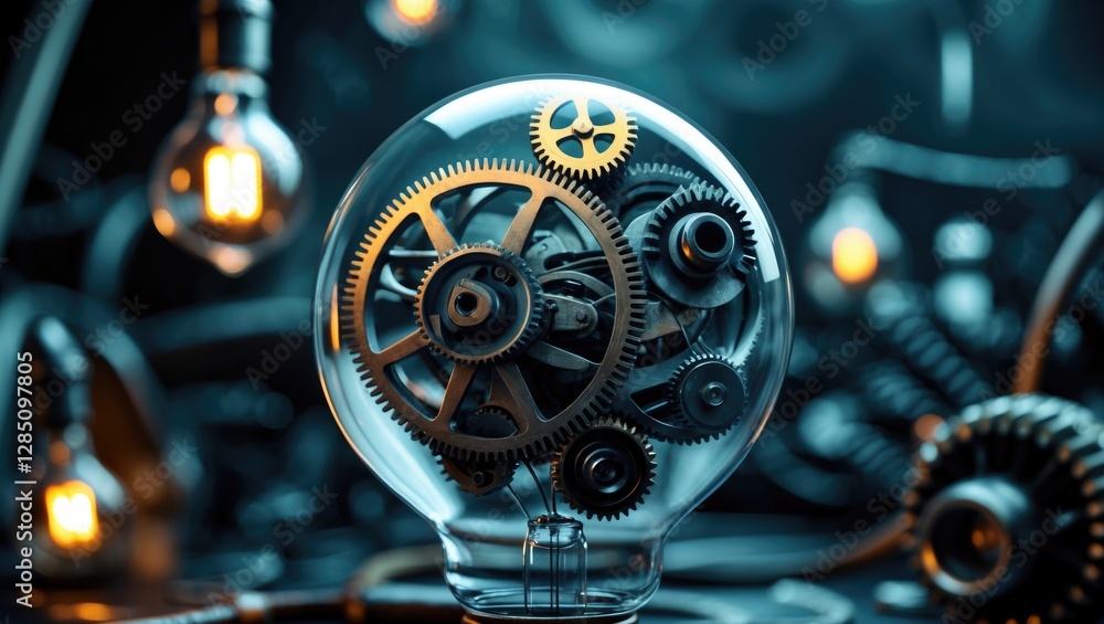 Poster gears integrated within a lightbulb representing inventive thought and innovation through rendering.
