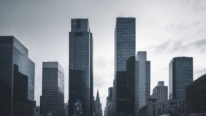 Fototapeta premium Image depicting a contemporary cityscape in a stark white backdrop with space for notes. Representations of corporate achievements, international businesses, tall buildings, and financial sectors.
