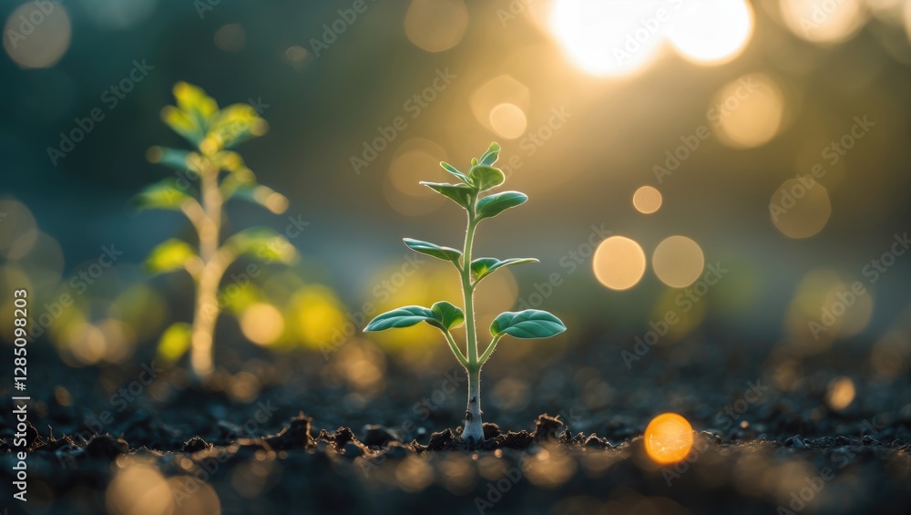 Poster development of a plant. a small seedling illuminated by sunlight with lens flare and bokeh effects. 