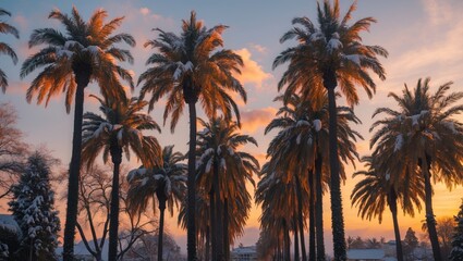 Naklejka premium Snowy palm trees during sunset with foliage gently moving in the breeze.