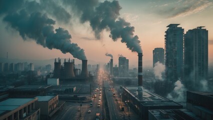 Obraz premium Fossil fuel usage and widespread city development both play a role in contributing to urban air pollution, posing serious risks to the environment and atmosphere.