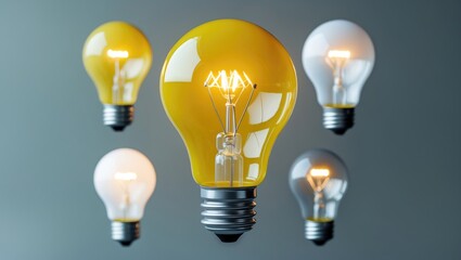 Unique yellow light bulb hovers over a white light bulb, symbolizing exceptional leadership and innovative ideas, with an emphasis on selected concepts and motivation.