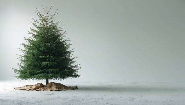 A solitary tall green fir tree is prominently placed on a white backdrop. Natural Christmas tree cut-out with height.