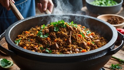 Cooking pilaf over an open fire in a cauldron.