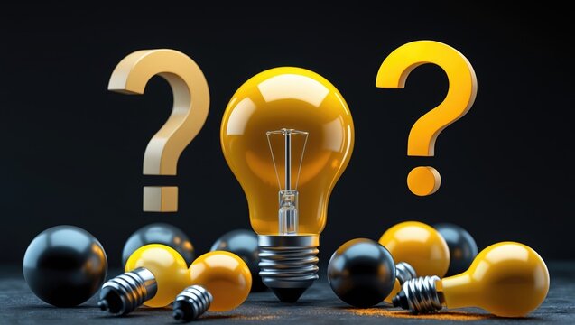 Yellow and black lightbulb surrounded by question marks on a dark background, representing creative ideas and problem-solving solutions rendered in a photo.