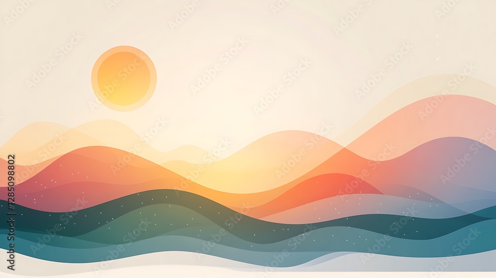 Poster abstract landscape with soft waves and a warm sun in a serene color palette.