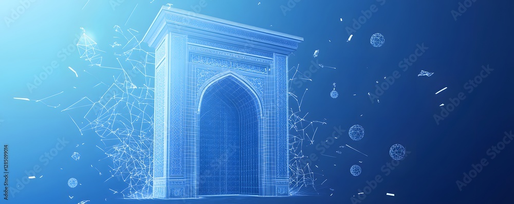 Poster elaborate blue wireframe architectural archway structure with floating geometric fragments