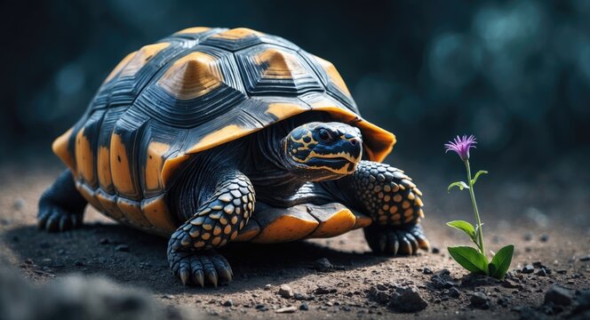 Capture of a radiated tortoise, this tortoise is munching on a flower while basking on the ground under its protective shell, an adorable creature, Astrochelys radiata, originating from Madagascar.