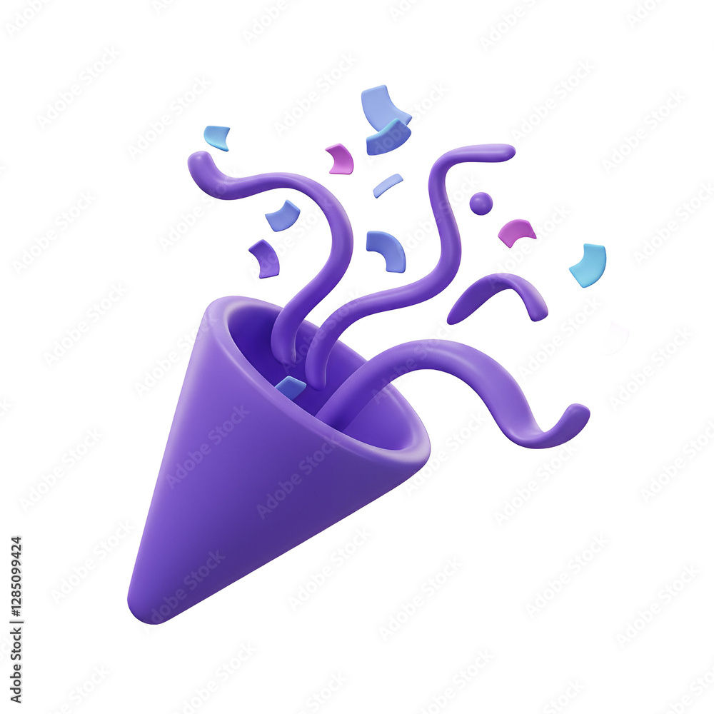 Poster purple party popper confetti explosion 3d render isolated transparent background