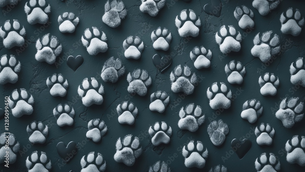 Poster paw prints and heart shapes in a seamless pattern design. a vector wallpaper featuring a repeating f