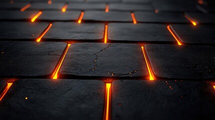 Dark Abstract 3D Background of Textured Black Tiles with Glowing Edges