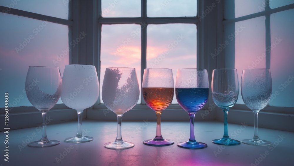 Poster image of a colorful gradient of glasses placed against a window with an abstract background.