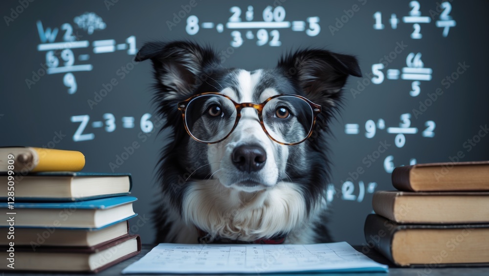 Poster intimate shot of a pensive dog sporting glasses. a clever border collie in front of a grey backdrop 