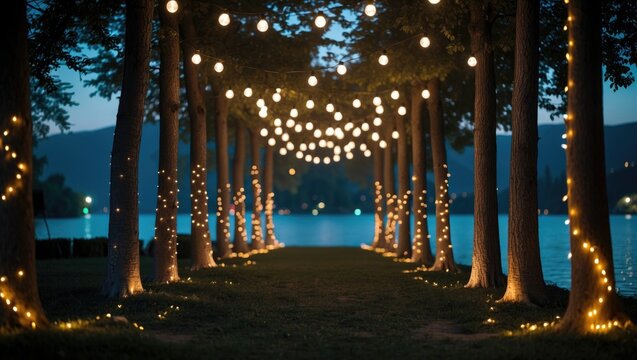 Pathway of trees adorned with hanging lights during a nighttime celebration at Lake Sevan, Armenia