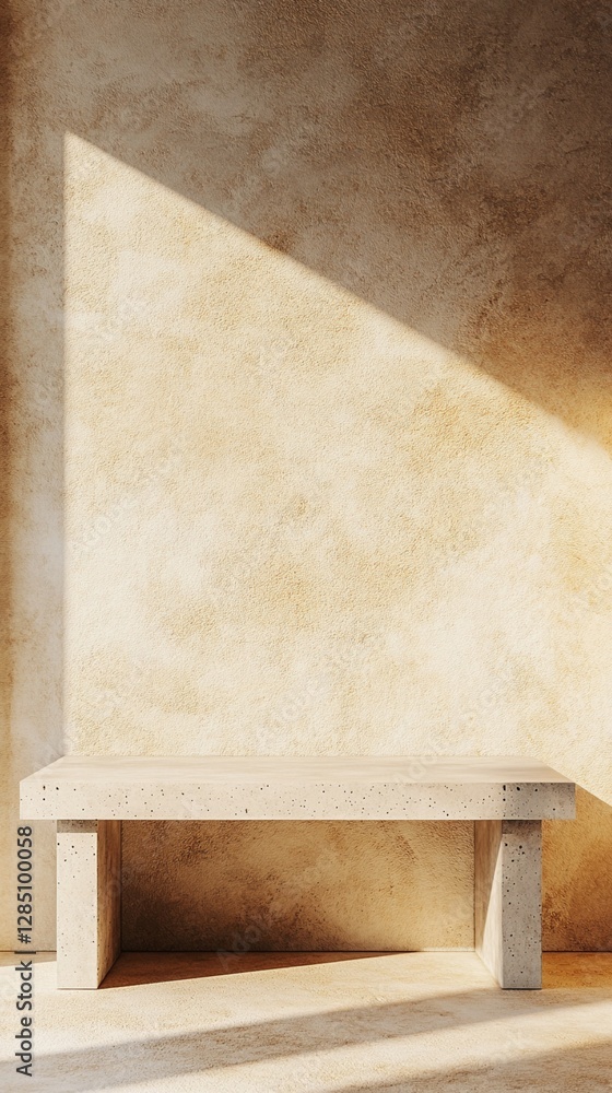Poster sunlight casts a warm, triangular shadow on a textured wall behind a simple beige bench, creating a 