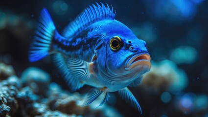 Fototapeta premium Detailed view of the royal blue paracanthurus hepatus fish.
