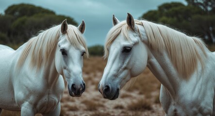 Naklejka premium Image title: Depiction of the White Camargue Horses in the Camargue Regional Park - Provence, France (vintage style)