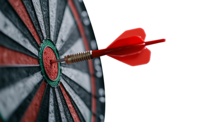 Dart hitting bullseye on dartboard with transparent background