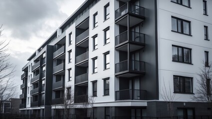 Fototapeta premium Contemporary apartment structures outdoors, featuring a sleek facade in white and black tones.