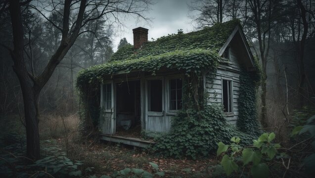 Decayed, deserted cottage enveloped in greenery, ivy, and creeping vines. Mysterious, eerie, enchanting, dark forest, solitude all around. Nature overtakes the structure. Snapshot of the dwelling. - Powered by Adobe