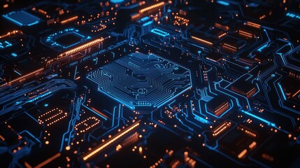 Obraz premium Abstract Circuit Board: Glowing Blue and Orange Pathways of Digital Innovation